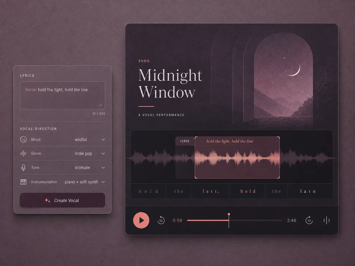 AI music generator feature showing turn your lyrics into vocal performances