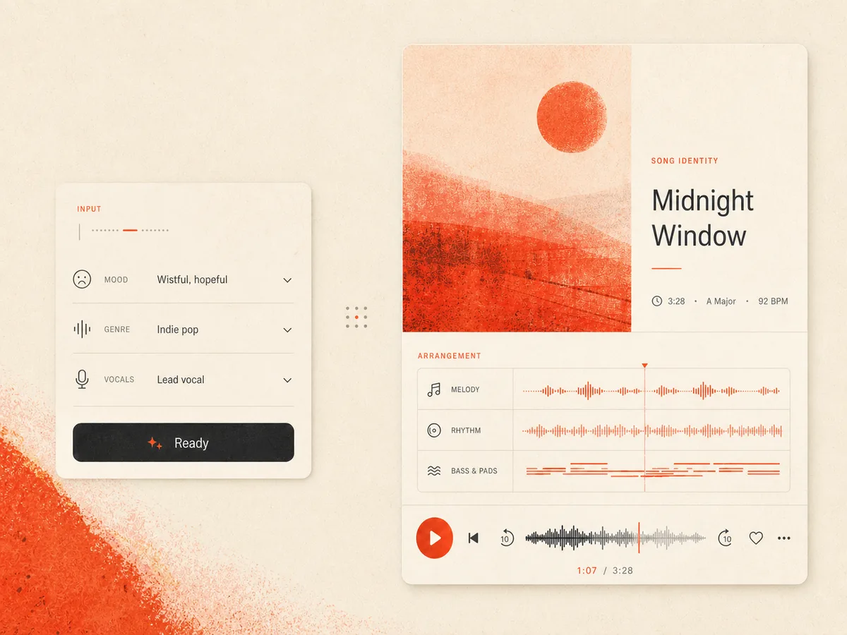 AI music generator feature showing turn ideas into complete songs